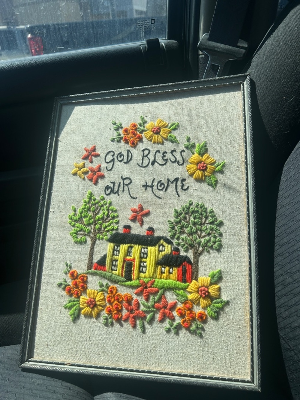 Vintage Yellow House Embroidered Wall Frame with Orange & Green Floral Accents